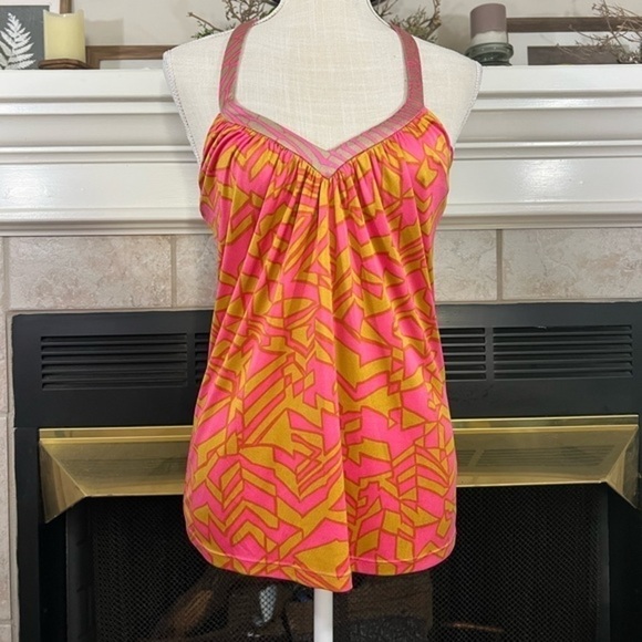Trina Turk Silk Orange and Gold T Back Sleeves Blouse - Picture 2 of 12